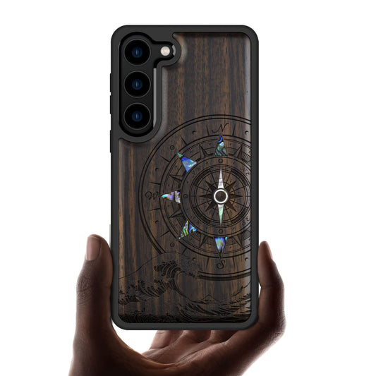 Carveit Designer Wooden Case for Samsung Galaxy S23 Case Cover [Wood Engraving & Shell Inlay] Wood Phone Case Compatible with Wireless Chargers Galaxy S23 Case (Wave Compass-Blackwood)