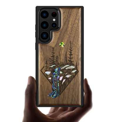 Carveit Designer Wooden Case for Samsung Galaxy S23 Ultra Case Cover [Wood Engraving & Shell Inlay] Wood Phone Case Compatible with Wireless Chargers Galaxy S23 Ultra Case (Falls Landscape-Walnut)