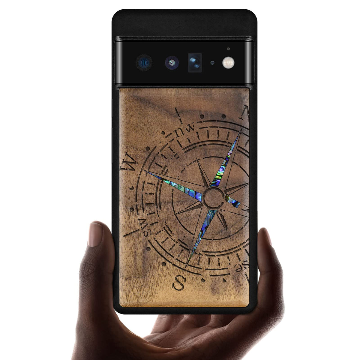 Carveit Designer Wooden Case for Google Pixel 6 Pro Case Cover [Wood Engraving & Shell Inlay] Unique Wood Phone Case Compatible with Wireless Chargers Pixel 6 Pro Case (Compass-Walnut)